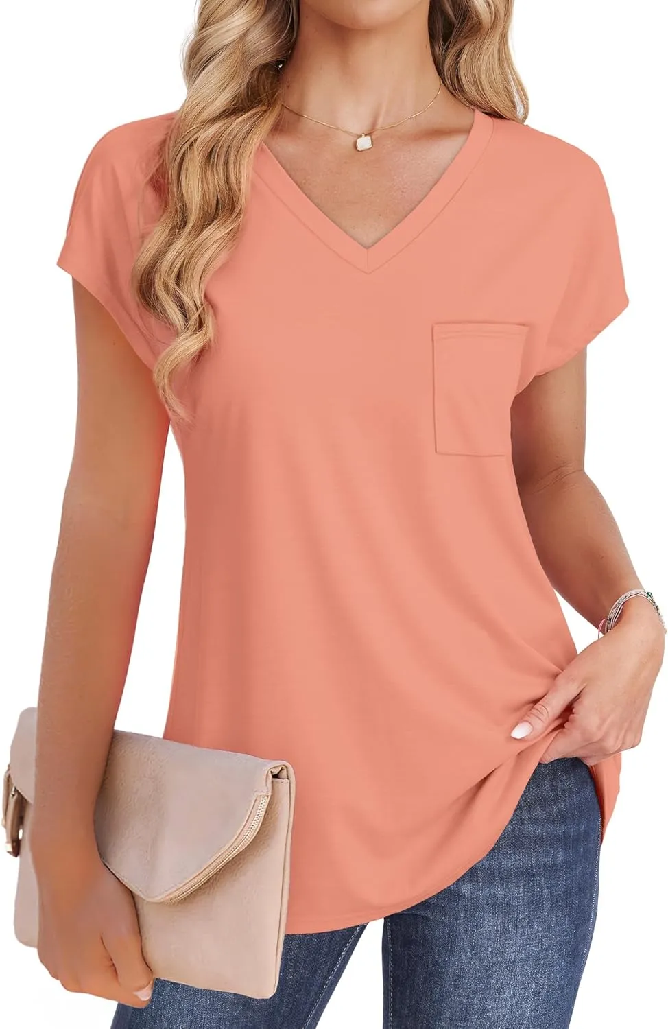 SAMPEEL Womens T Shirts V Neck Cap Short Sleeve Summer Tops Trendy 2025 Loose Casual Tshirts with Pocket