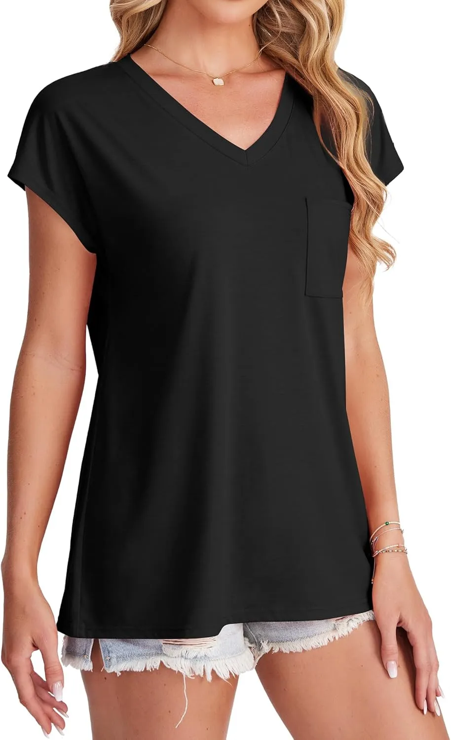 SAMPEEL Womens T Shirts V Neck Cap Short Sleeve Summer Tops Trendy 2025 Loose Casual Tshirts with Pocket