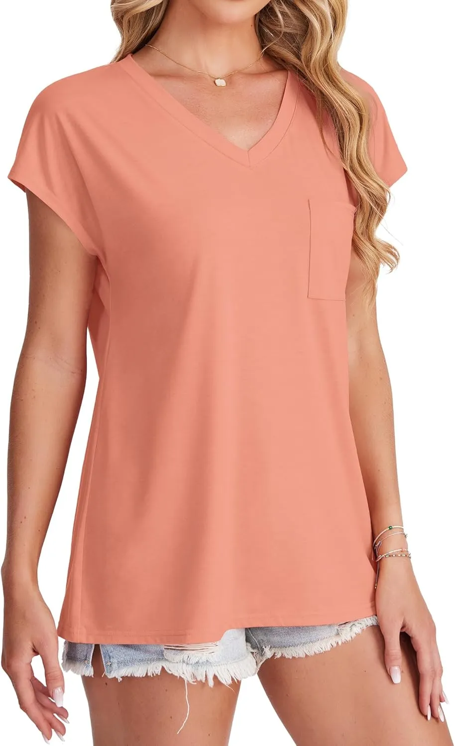 SAMPEEL Womens T Shirts V Neck Cap Short Sleeve Summer Tops Trendy 2025 Loose Casual Tshirts with Pocket
