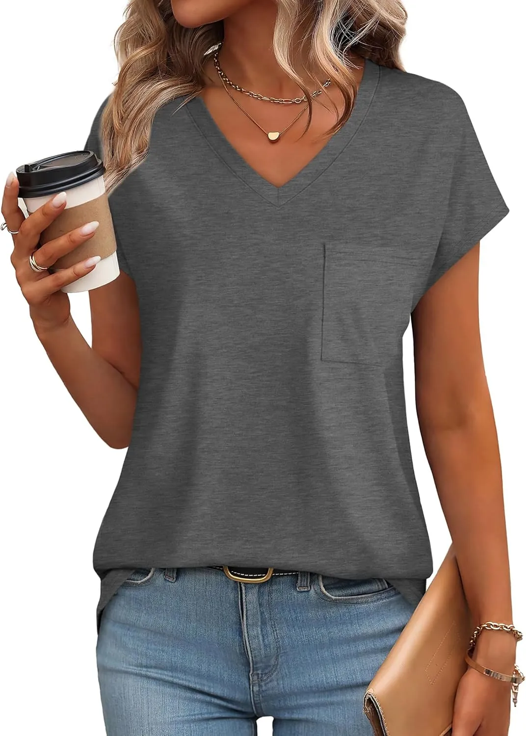 SAMPEEL Womens T Shirts V Neck Cap Short Sleeve Summer Tops Trendy 2025 Loose Casual Tshirts with Pocket