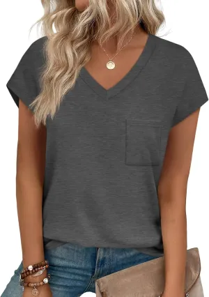 SAMPEEL Womens T Shirts V Neck Cap Short Sleeve Summer Tops Trendy 2025 Loose Casual Tshirts with Pocket