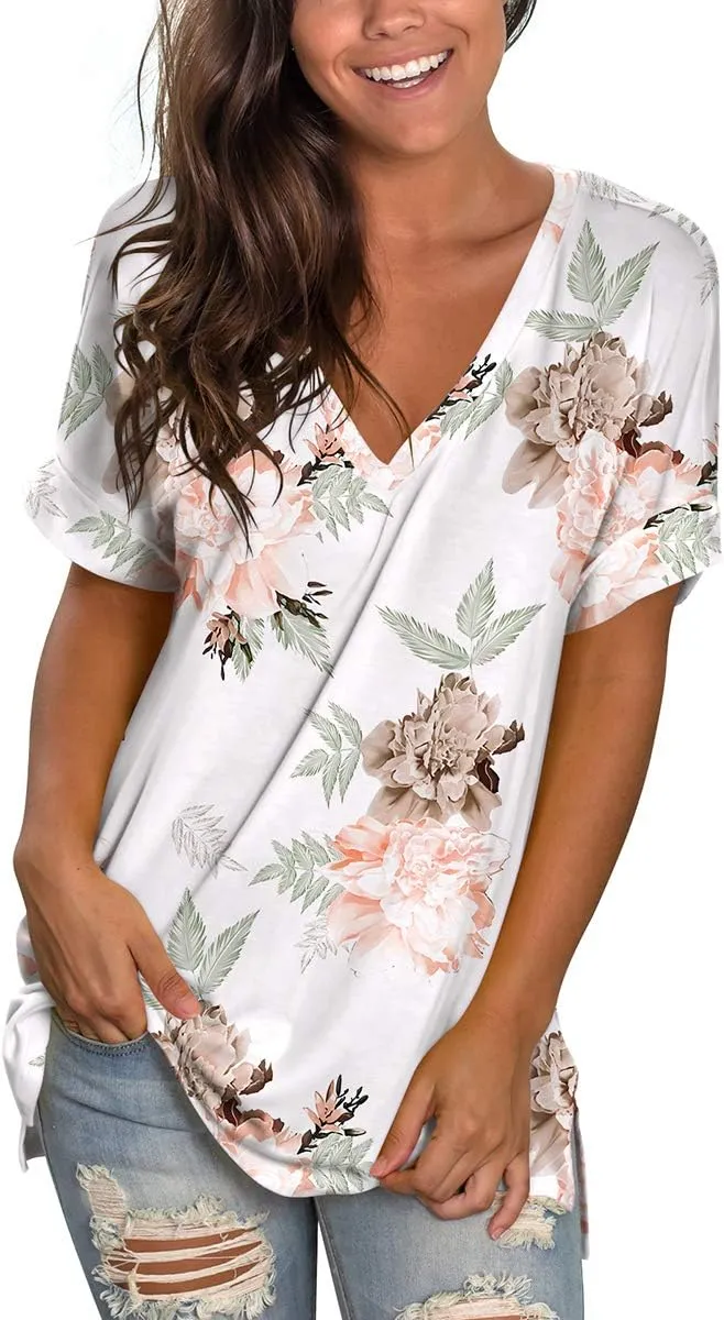 SAMPEEL Women's V Neck T Shirts Casual Rolled Short Sleeve Side Split Summer Tops Loose Fit