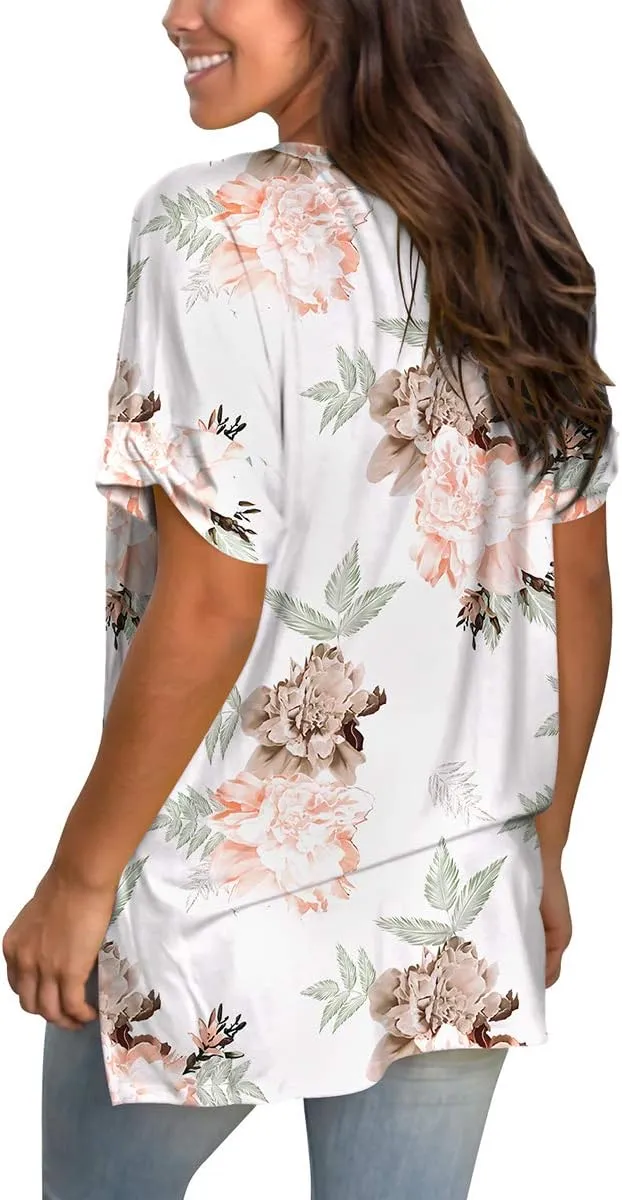 SAMPEEL Women's V Neck T Shirts Casual Rolled Short Sleeve Side Split Summer Tops Loose Fit