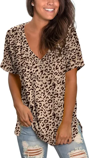 SAMPEEL Women's V Neck T Shirts Casual Rolled Short Sleeve Side Split Summer Tops Loose Fit