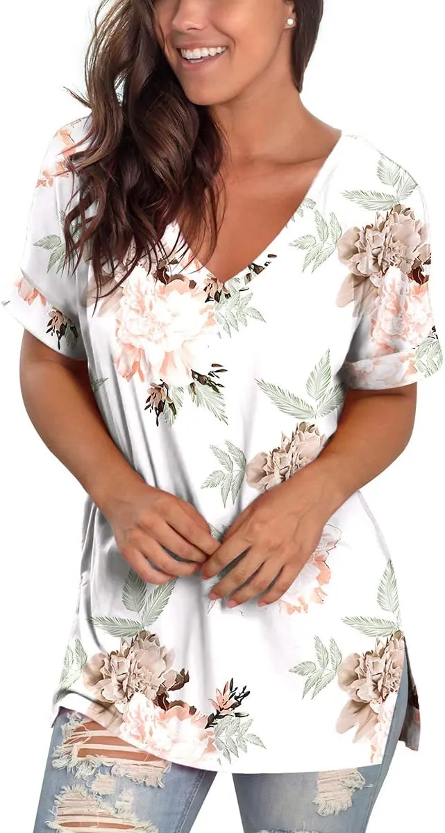 SAMPEEL Women's V Neck T Shirts Casual Rolled Short Sleeve Side Split Summer Tops Loose Fit