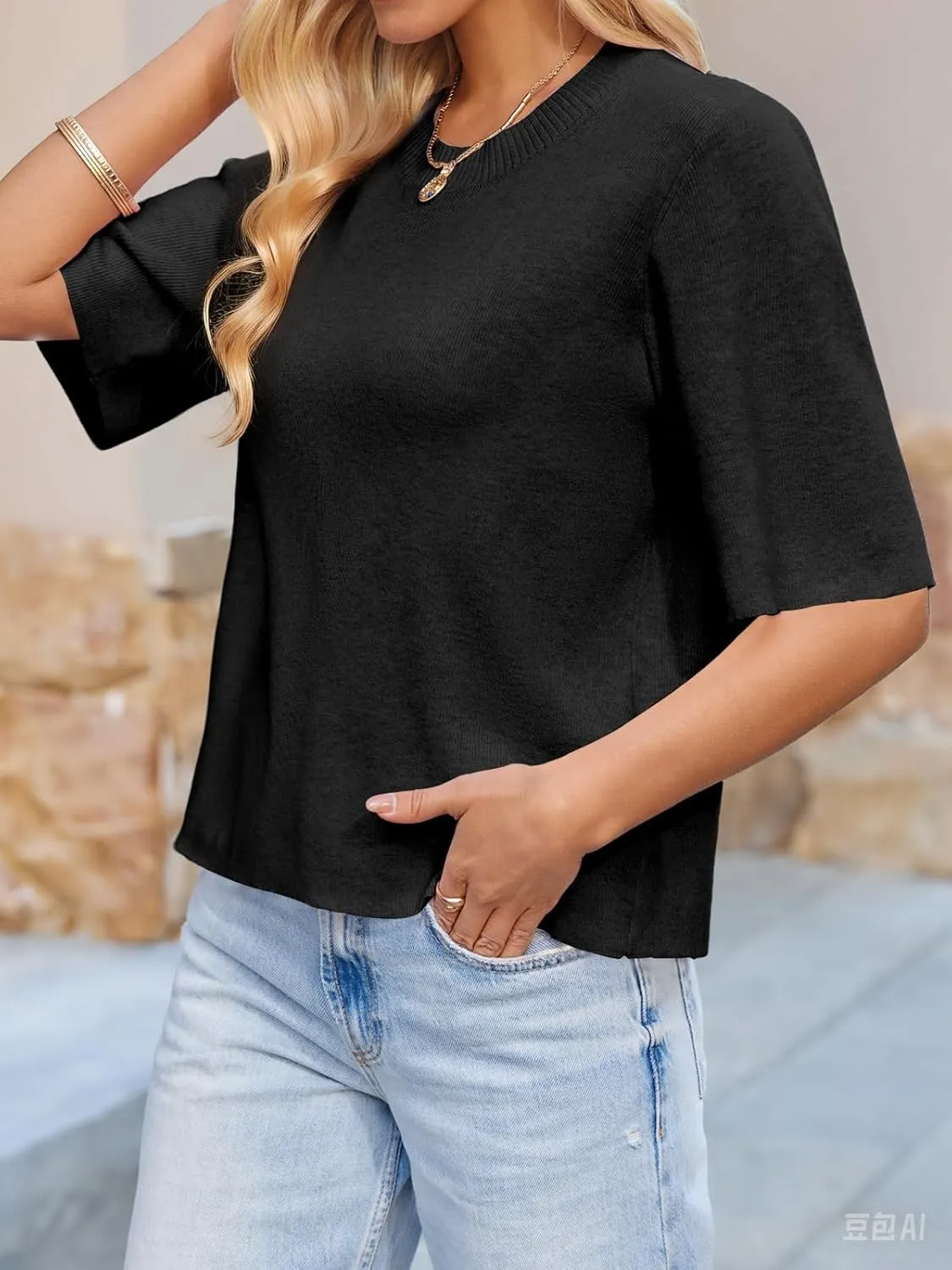 Saodimallsu Womens Short Sleeve Sweater Tops Crew Neck Lightweight Knit Casual Loose Fit Summer Basic T Shirts