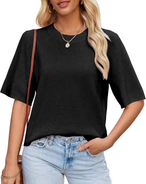 Saodimallsu Womens Short Sleeve Sweater Tops Crew Neck Lightweight Knit Casual Loose Fit Summer Basic T Shirts