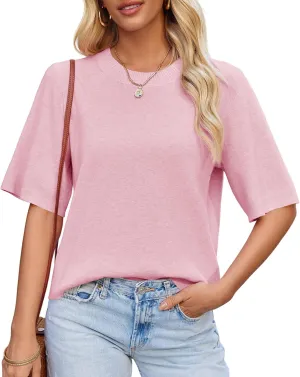 Saodimallsu Womens Short Sleeve Sweater Tops Crew Neck Lightweight Knit Casual Loose Fit Summer Basic T Shirts