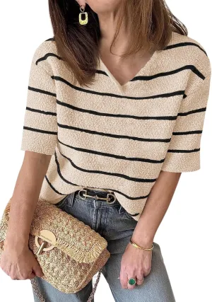 Saodimallsu Womens Summer Short Sleeve Sweater Tops Striped V Neck T Shirts Casual Loose Fit 2025 Trendy Knit Top