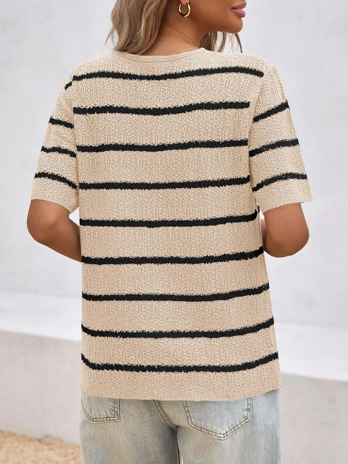 Saodimallsu Womens Summer Short Sleeve Sweater Tops Striped V Neck T Shirts Casual Loose Fit 2025 Trendy Knit Top