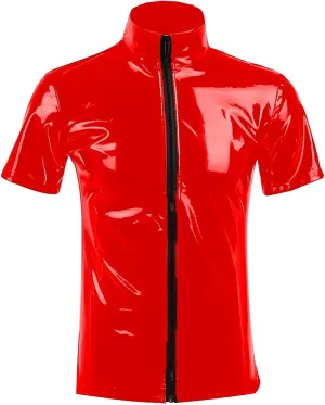 SEAUR Men's Shiny Patent Leather Jacket Casual Slim Fit Leather Muscle Tank Top T-Shirts Nightclub Party Clubwear