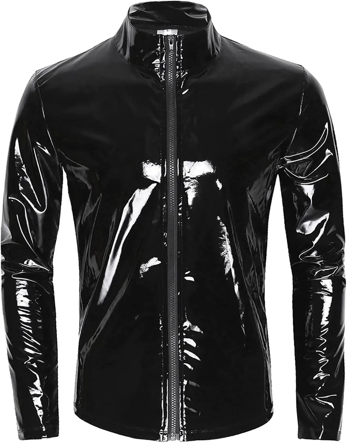 SEAUR Men's Shiny Patent Leather Jacket Casual Slim Fit Leather Muscle Tank Top T-Shirts Nightclub Party Clubwear