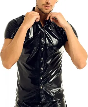 SEAUR Men's Shiny Patent Leather Jacket Casual Slim Fit Leather Muscle Tank Top T-Shirts Nightclub Party Clubwear