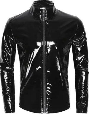 SEAUR Men's Shiny Patent Leather Jacket Casual Slim Fit Leather Muscle Tank Top T-Shirts Nightclub Party Clubwear