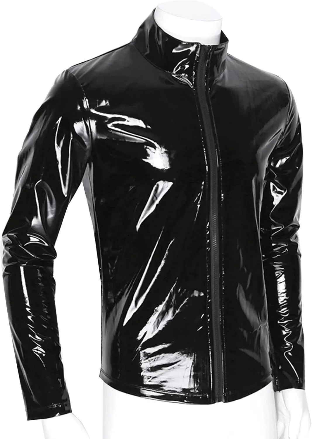 SEAUR Men's Shiny Patent Leather Jacket Casual Slim Fit Leather Muscle Tank Top T-Shirts Nightclub Party Clubwear