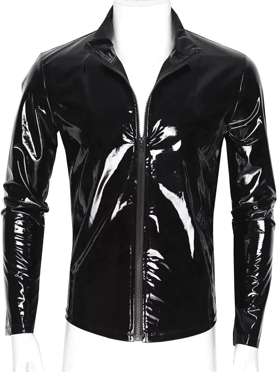 SEAUR Men's Shiny Patent Leather Jacket Casual Slim Fit Leather Muscle Tank Top T-Shirts Nightclub Party Clubwear
