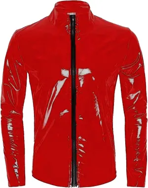 SEAUR Men's Shiny Patent Leather Jacket Casual Slim Fit Leather Muscle Tank Top T-Shirts Nightclub Party Clubwear