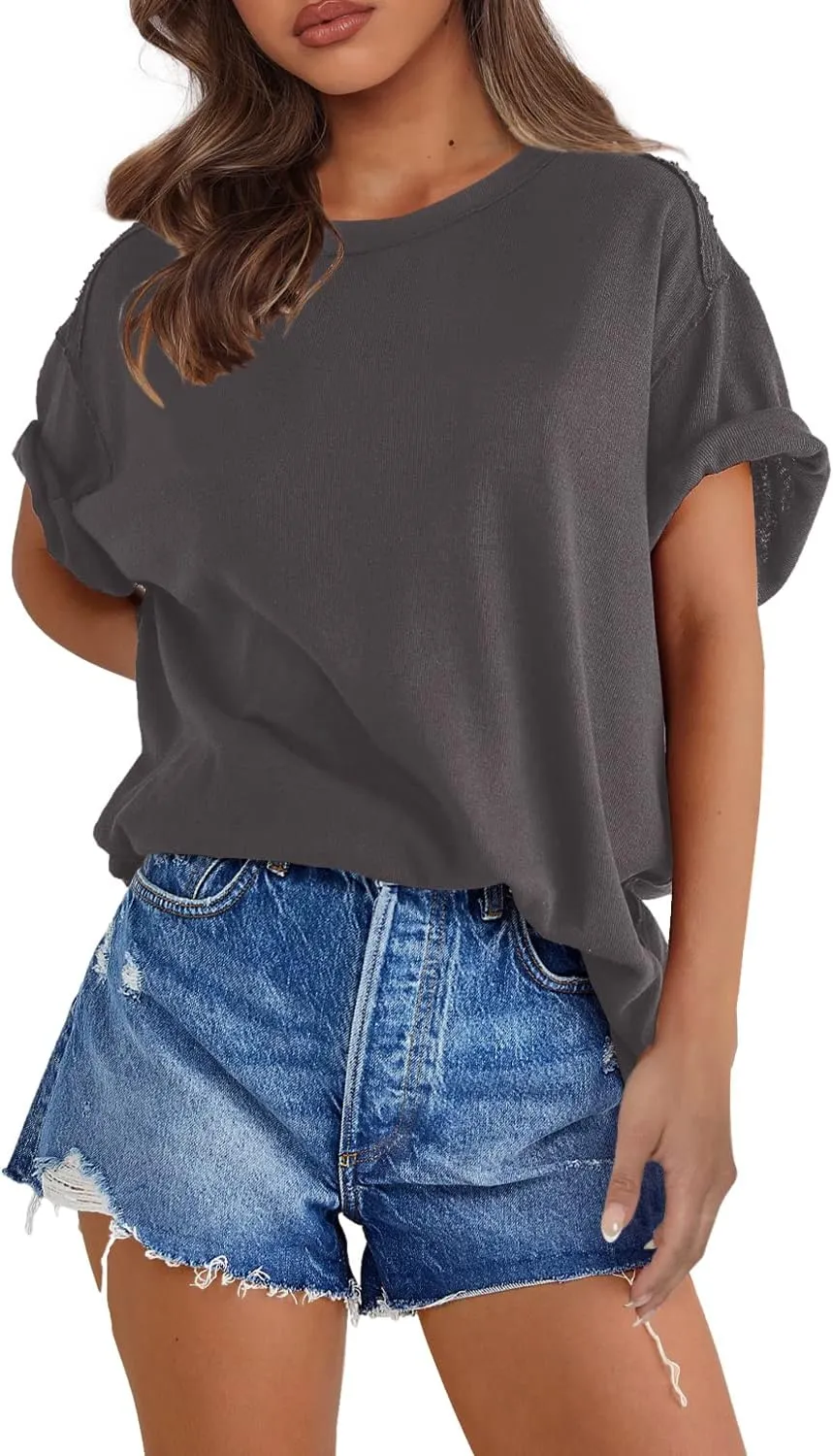 SENSERISE Womens Oversized T Shirts Crewneck Short Sleeve Summer Athletic BF Tees Shirt Loose Fit Y2K Tops
