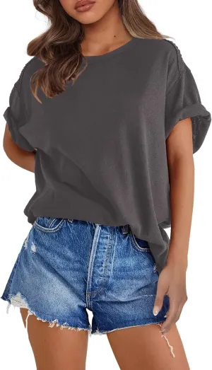 SENSERISE Womens Oversized T Shirts Crewneck Short Sleeve Summer Athletic BF Tees Shirt Loose Fit Y2K Tops