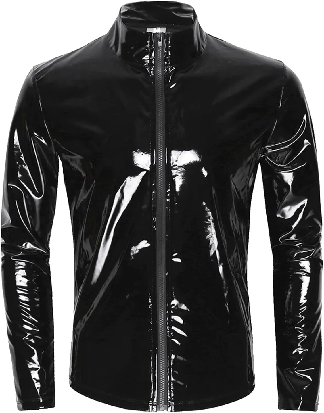 Sexy Latex Glossy Leather Shirt for Men Long Sleeve Wetlook Coat Zipper Jacket Casual Tops Disco Blouse T-Shirts Black