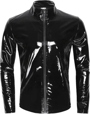 Sexy Latex Glossy Leather Shirt for Men Long Sleeve Wetlook Coat Zipper Jacket Casual Tops Disco Blouse T-Shirts Black