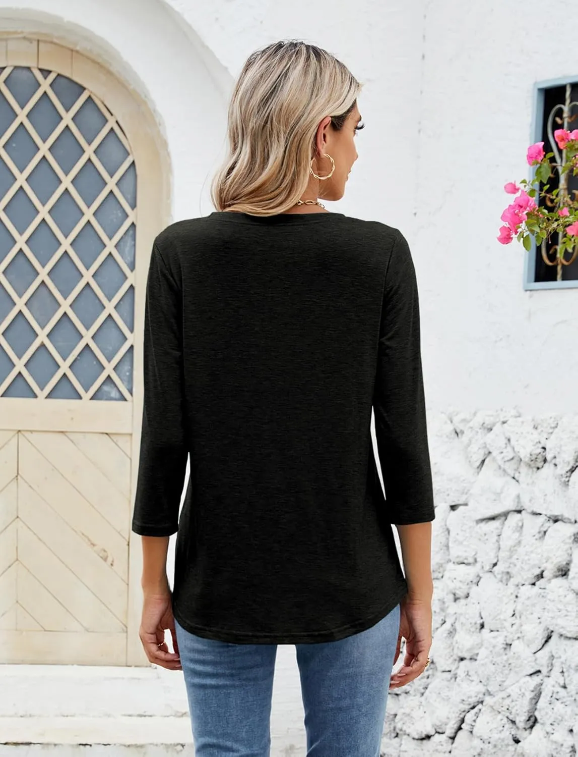 Sherosa Womens Casual 3/4 Sleeve T Shirts Crew Neck Loose Fit Tunic Tops Solid Basic Tops Tees