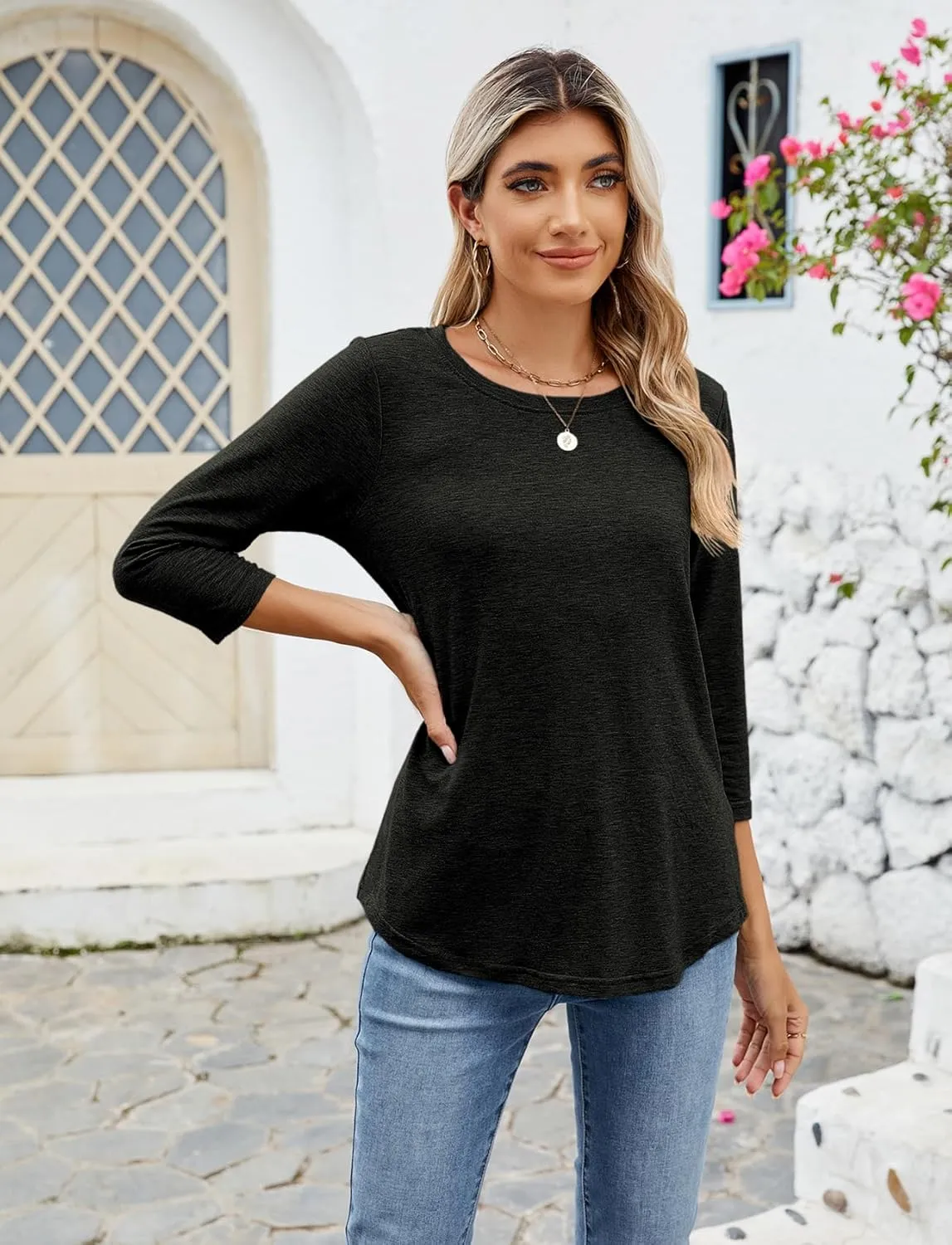 Sherosa Womens Casual 3/4 Sleeve T Shirts Crew Neck Loose Fit Tunic Tops Solid Basic Tops Tees