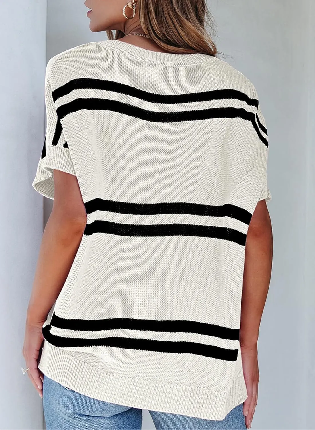 SHEWIN Oversized Sweaters for Women Causal V Neck T Shirts Loose Short Sleeve Sweater Spring Tops
