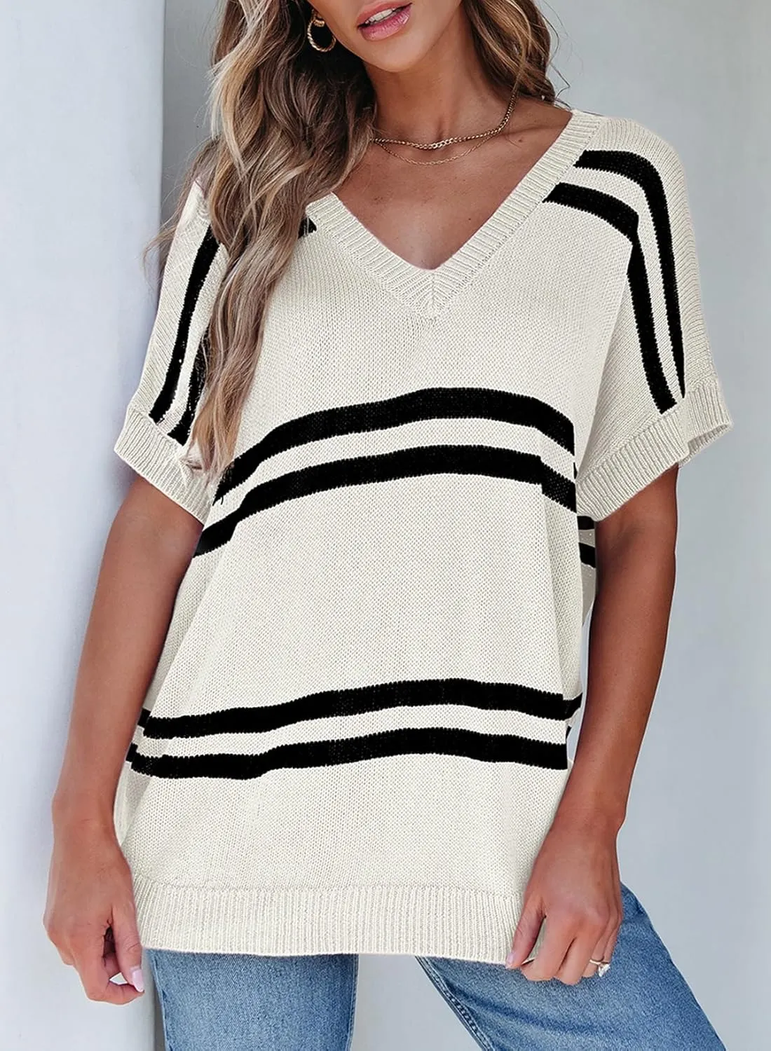 SHEWIN Oversized Sweaters for Women Causal V Neck T Shirts Loose Short Sleeve Sweater Spring Tops