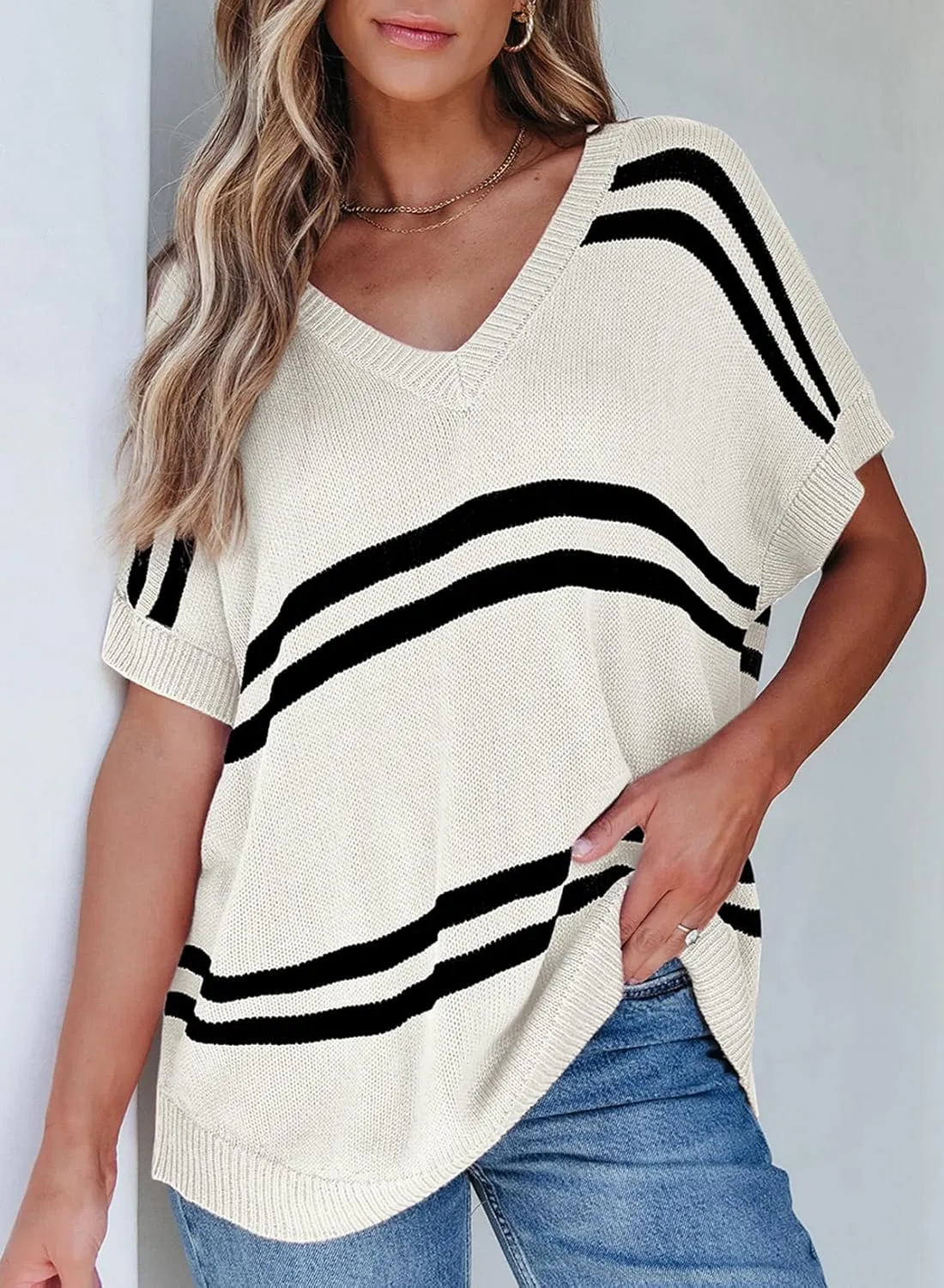 SHEWIN Oversized Sweaters for Women Causal V Neck T Shirts Loose Short Sleeve Sweater Spring Tops