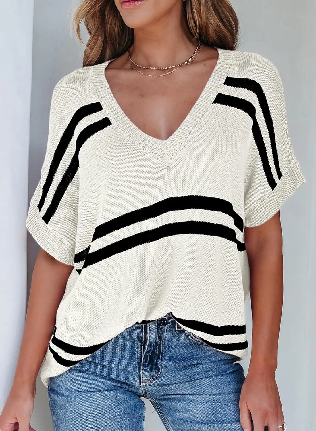 SHEWIN Oversized Sweaters for Women Causal V Neck T Shirts Loose Short Sleeve Sweater Spring Tops