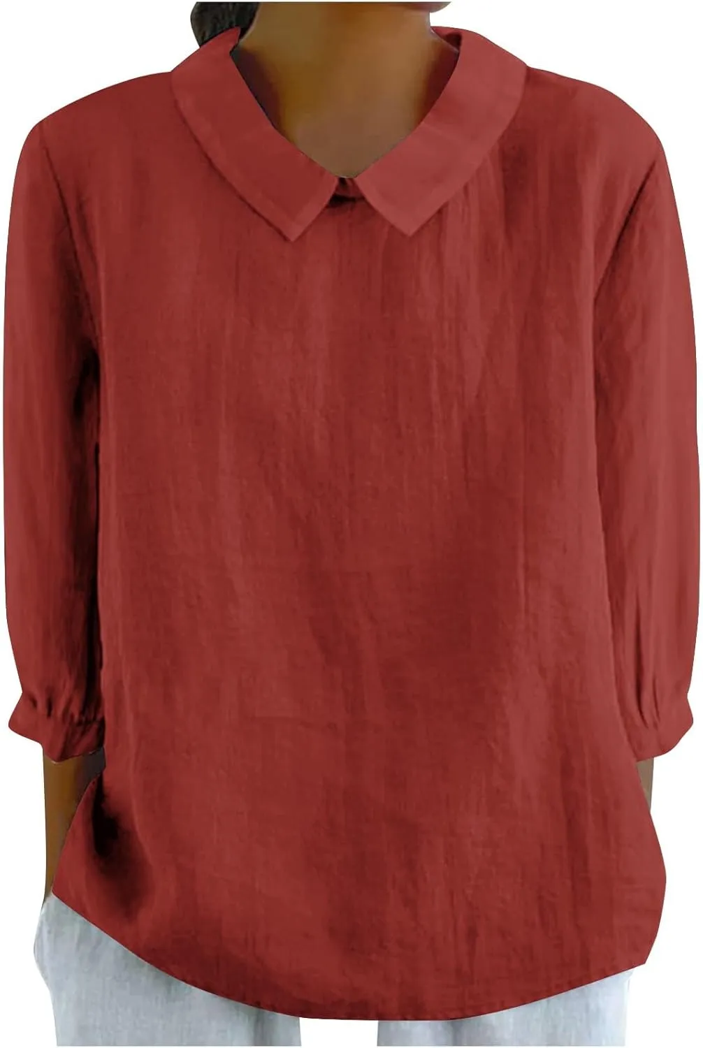 Shirts for Women Peter Pan Collar Neck 3/4 Sleeve Blouses Casual Loose Fit T Shirt Solid Color Plain Petite Tops