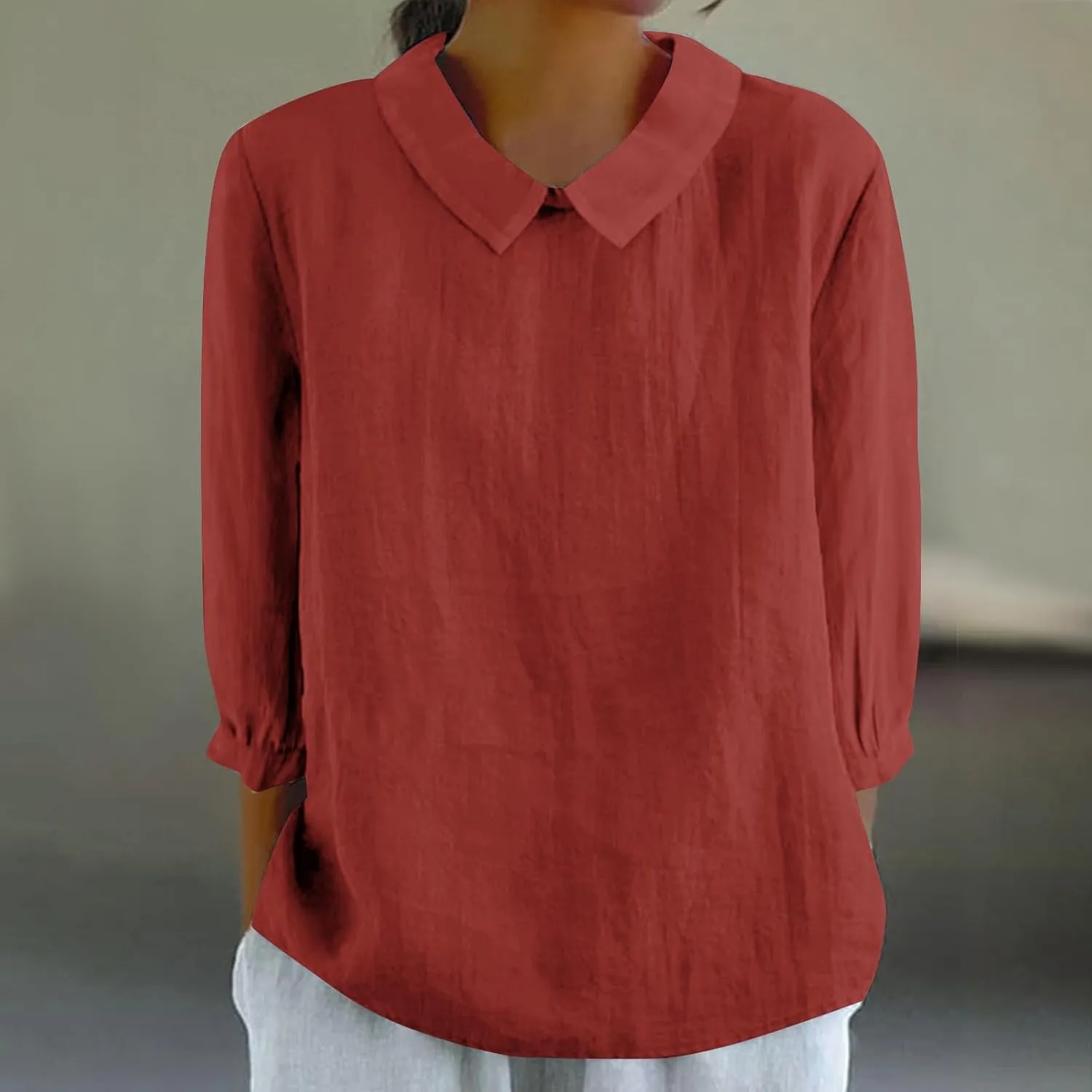 Shirts for Women Peter Pan Collar Neck 3/4 Sleeve Blouses Casual Loose Fit T Shirt Solid Color Plain Petite Tops