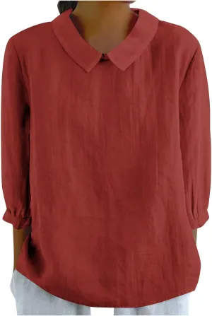 Shirts for Women Peter Pan Collar Neck 3/4 Sleeve Blouses Casual Loose Fit T Shirt Solid Color Plain Petite Tops