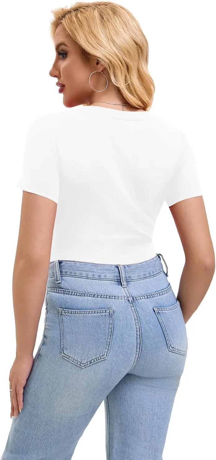 SKYZOO Short Sleve V Neck T Shirts Crop Tops for Women Cute Trendy Going Out Summer Tops 2025