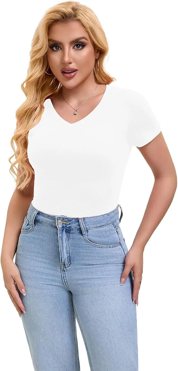 SKYZOO Short Sleve V Neck T Shirts Crop Tops for Women Cute Trendy Going Out Summer Tops 2025