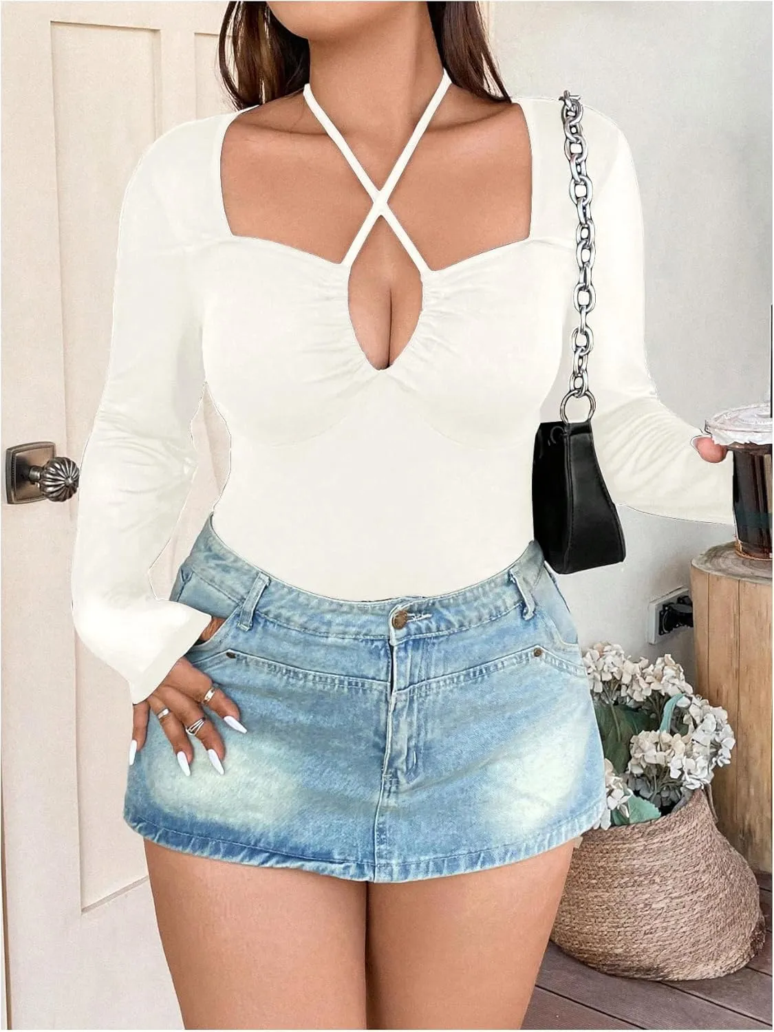 SOLY HUX Plus Size Tops for Women Long Sleeve Sexy Going Out Tops V Neck Criss Cross T Shirts Blouse