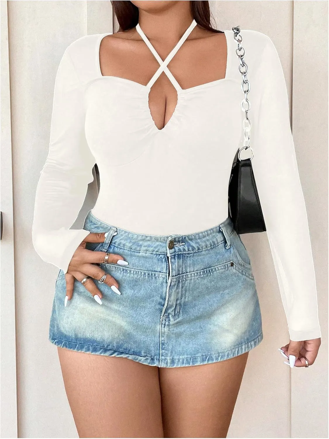 SOLY HUX Plus Size Tops for Women Long Sleeve Sexy Going Out Tops V Neck Criss Cross T Shirts Blouse