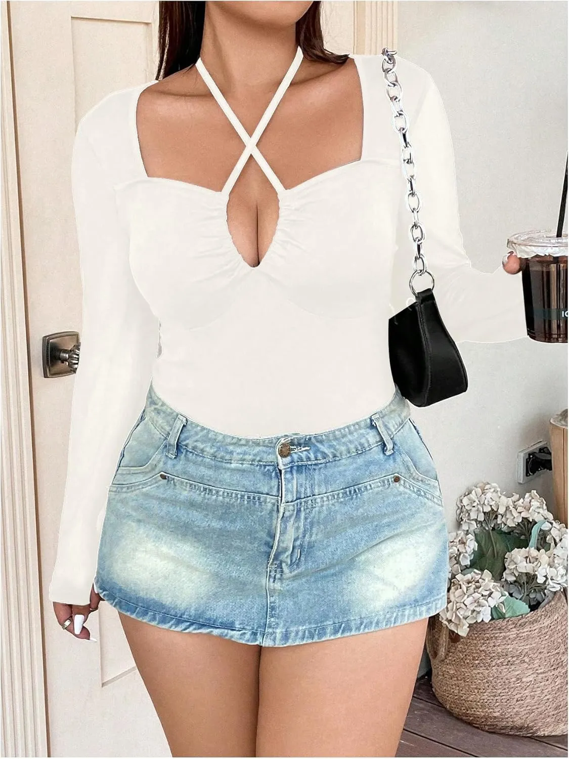 SOLY HUX Plus Size Tops for Women Long Sleeve Sexy Going Out Tops V Neck Criss Cross T Shirts Blouse