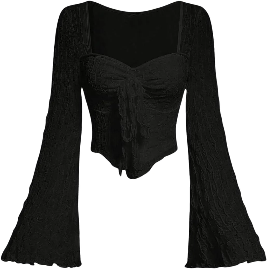 SOLY HUX Women's Long Bell Sleeve Tops Mesh Sweetheart Neck Going Out Crop Top Casual Asymmetrical T Shirts Tees