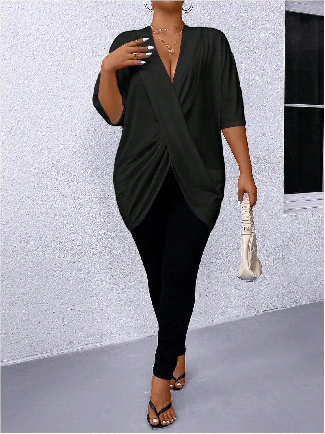 SOLY HUX Women's Plus Size Deep V Neck Oversized T Shirts Ombre Wrap Going Out Tee Tops