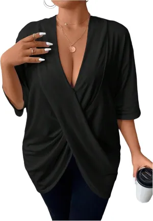 SOLY HUX Women's Plus Size Deep V Neck Oversized T Shirts Ombre Wrap Going Out Tee Tops