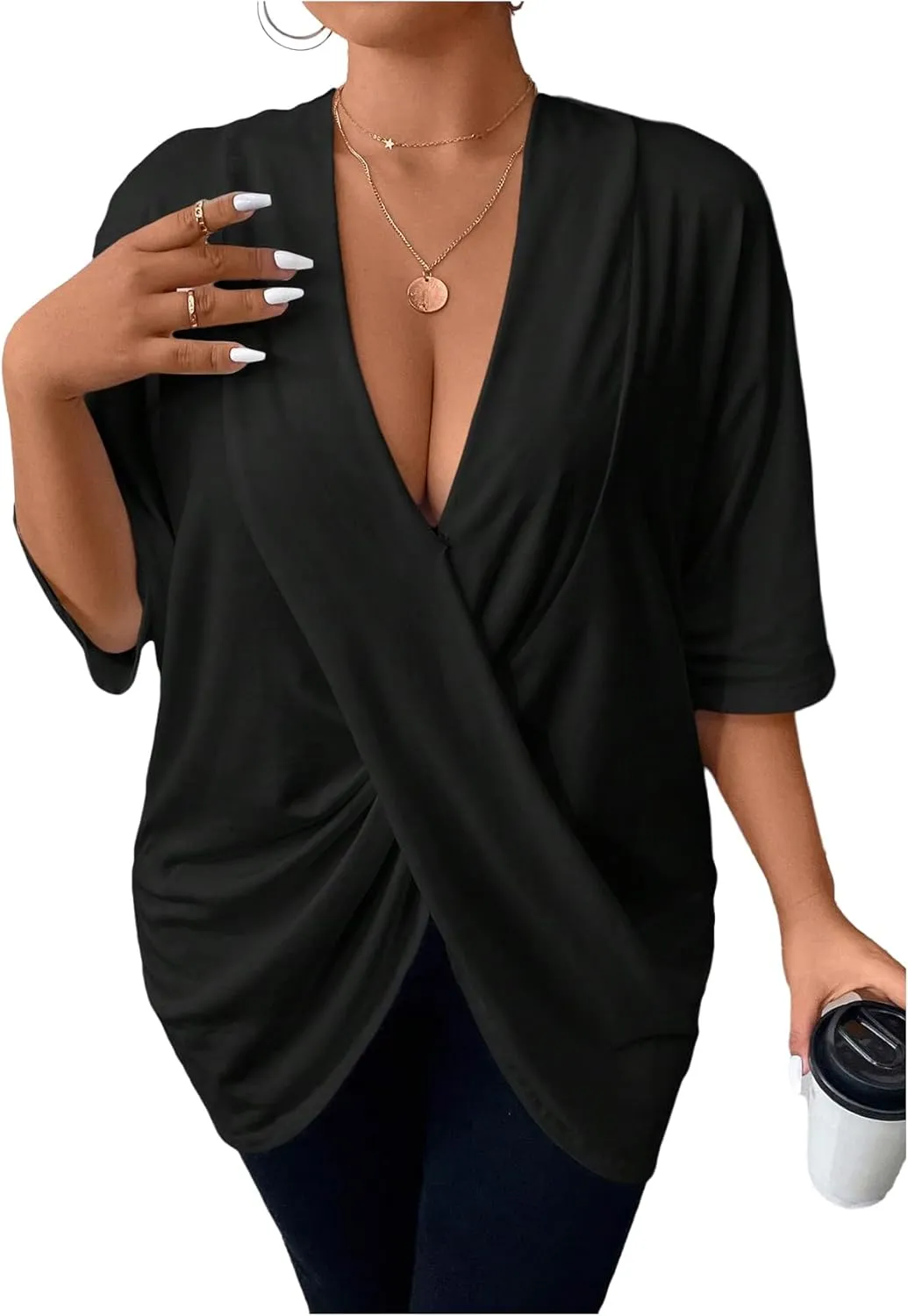 SOLY HUX Women's Plus Size Deep V Neck Oversized T Shirts Ombre Wrap Going Out Tee Tops