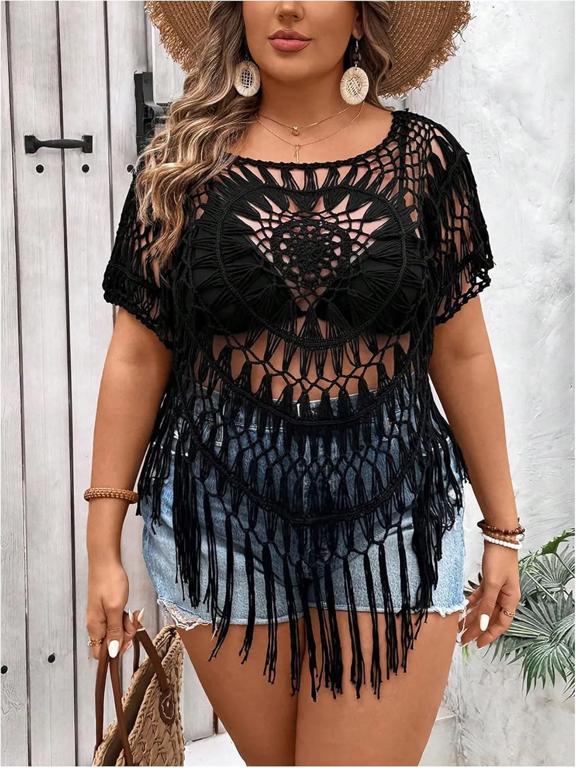 SOLY HUX Women's Plus Size Hollow Out Fringe Hem T Shirts Short Sleeve Knitted Crochet Tops