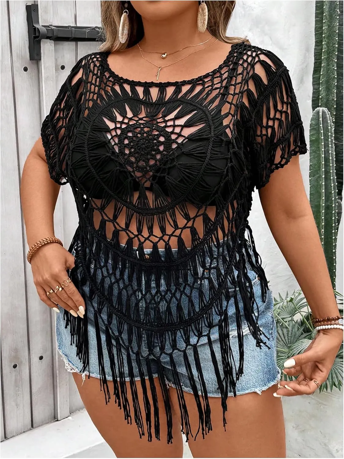SOLY HUX Women's Plus Size Hollow Out Fringe Hem T Shirts Short Sleeve Knitted Crochet Tops