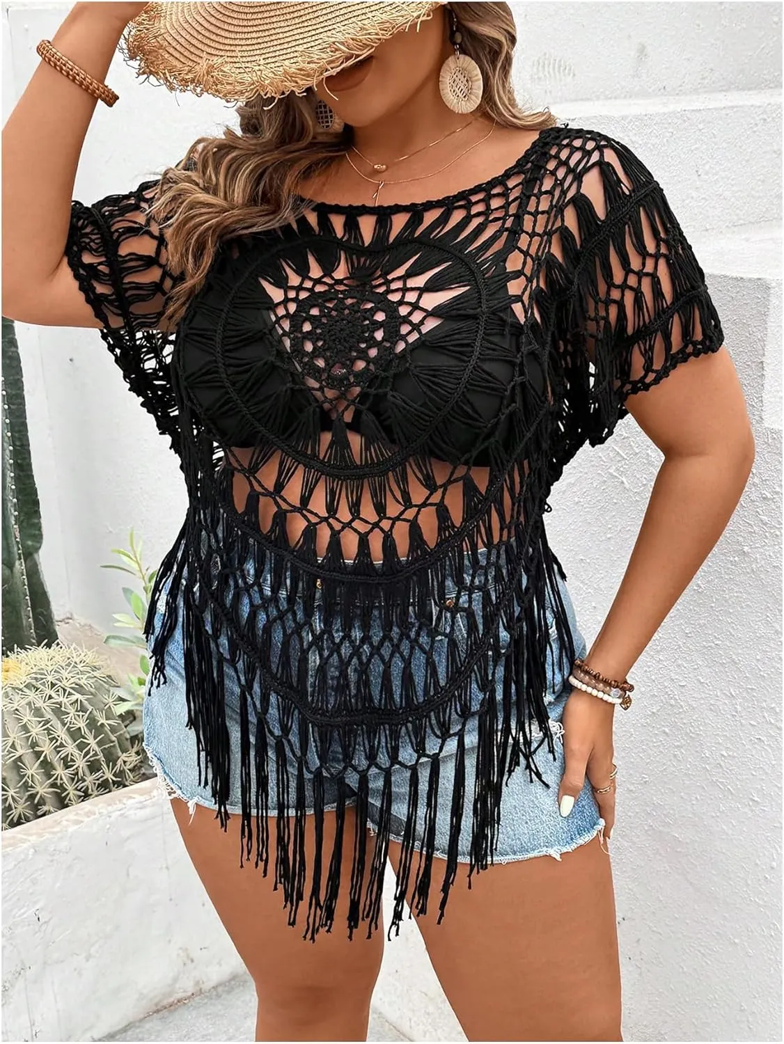 SOLY HUX Women's Plus Size Hollow Out Fringe Hem T Shirts Short Sleeve Knitted Crochet Tops
