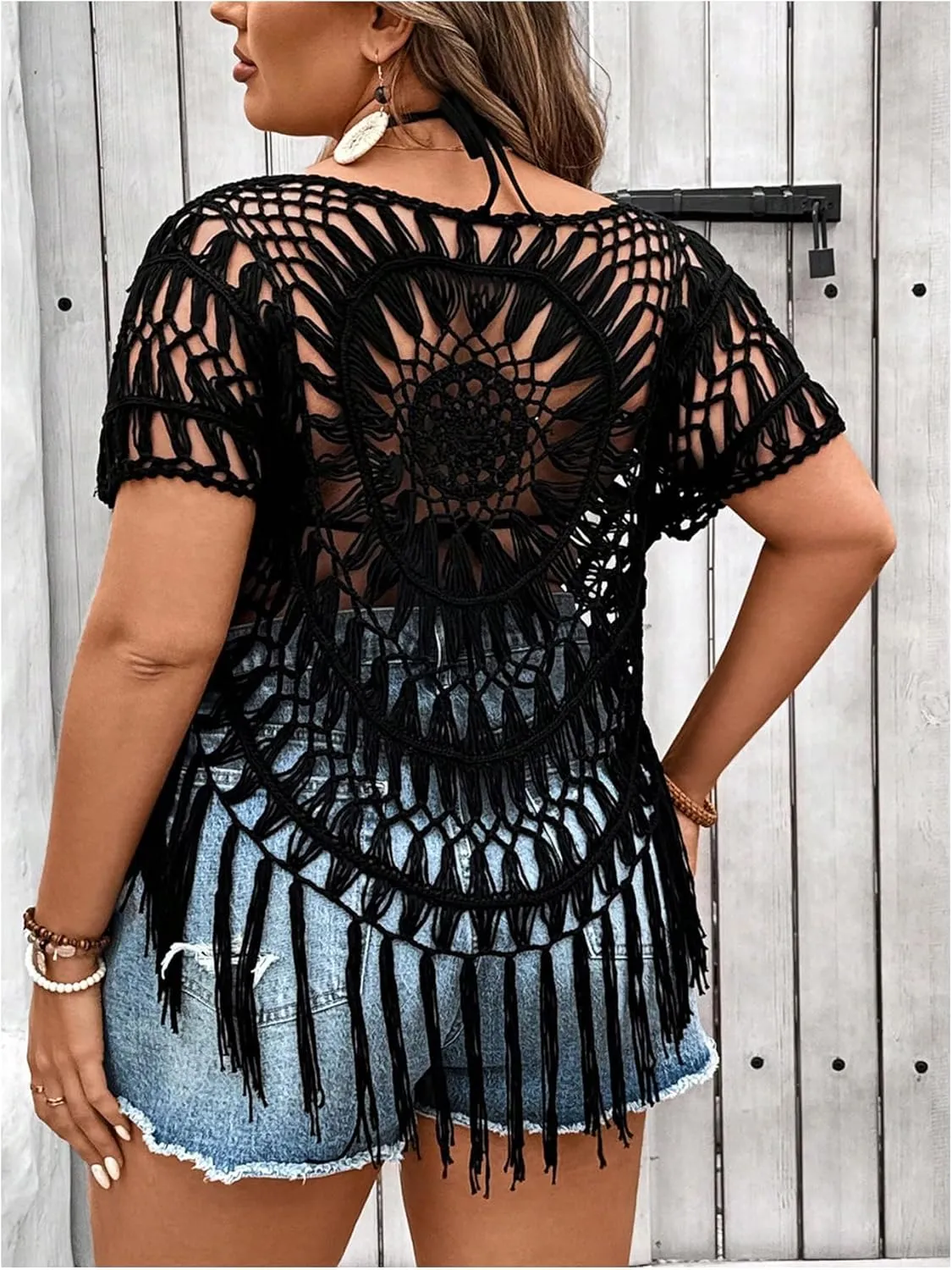 SOLY HUX Women's Plus Size Hollow Out Fringe Hem T Shirts Short Sleeve Knitted Crochet Tops