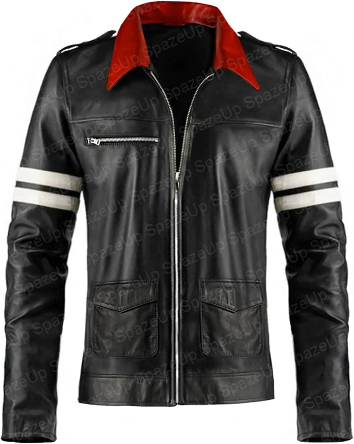 SpazeUp Men's Black Leather Gaming Jacket  Red Collar Video Game Cosplay Outfit for Halloween