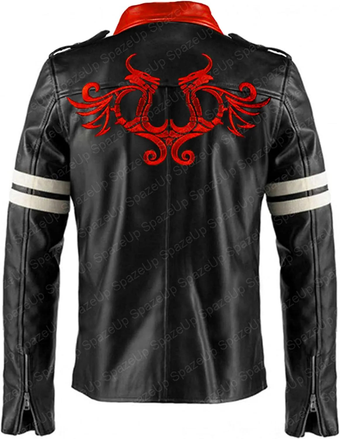 SpazeUp Men's Black Leather Gaming Jacket  Red Collar Video Game Cosplay Outfit for Halloween
