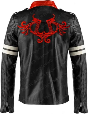 SpazeUp Men's Black Leather Gaming Jacket  Red Collar Video Game Cosplay Outfit for Halloween